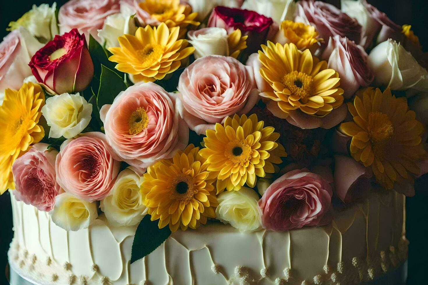 uma bolo com flores em topo e uma branco geada. gerado por IA foto