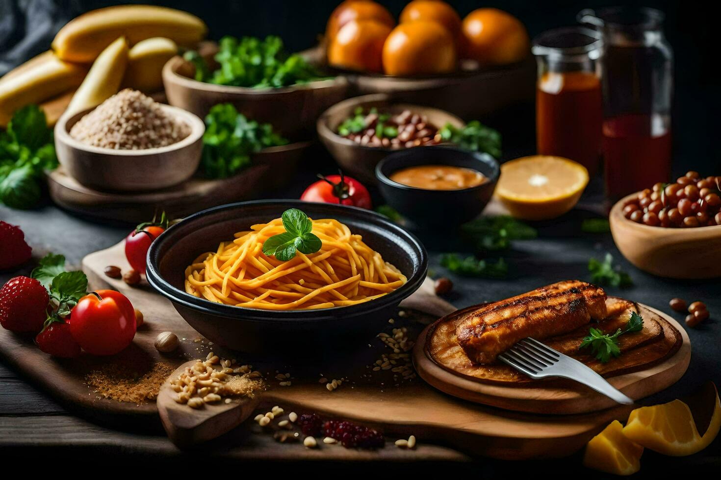 espaguete com almôndegas, legumes e fruta em uma de madeira mesa. gerado por IA foto