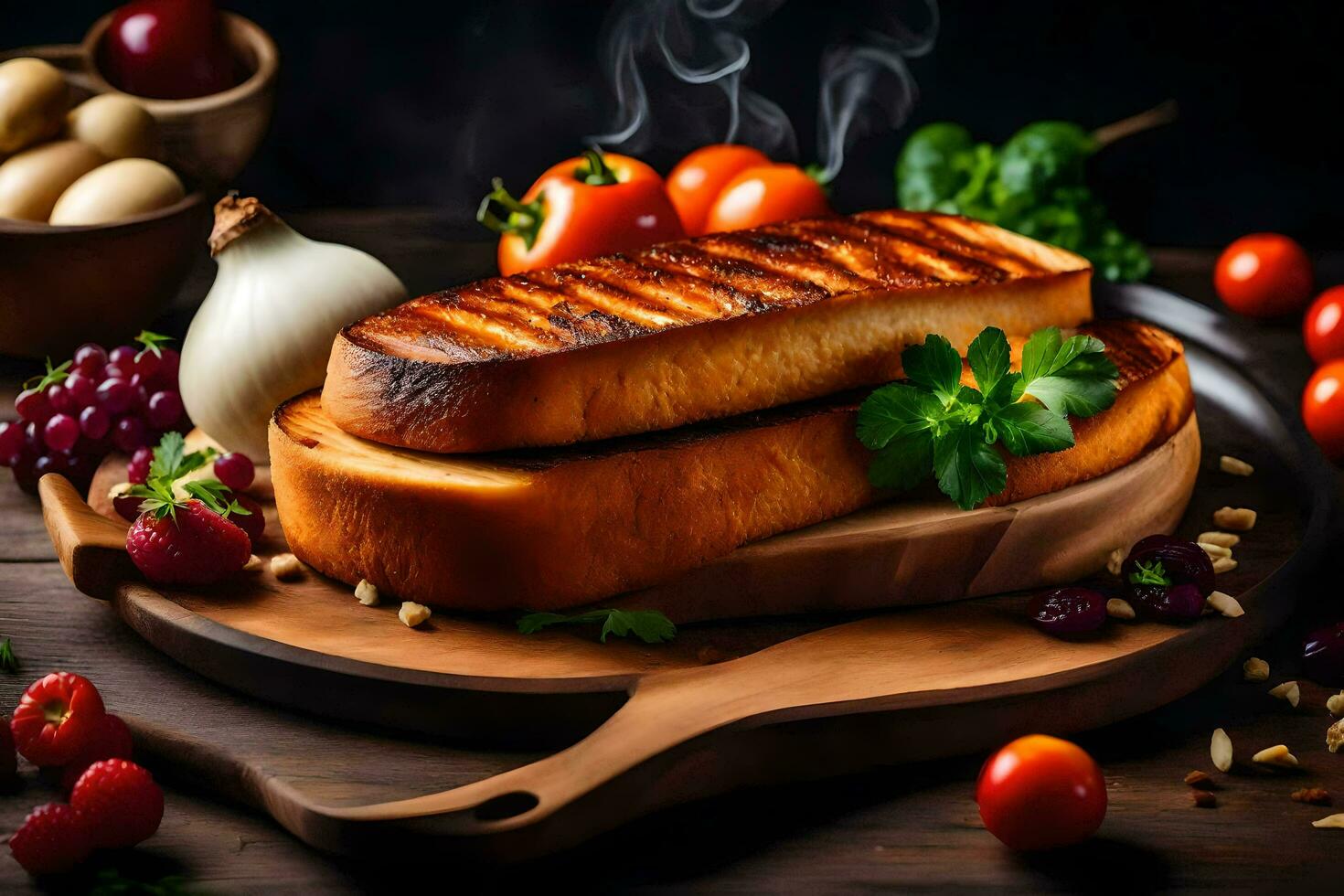 grelhado pão em uma de madeira borda com legumes. gerado por IA foto