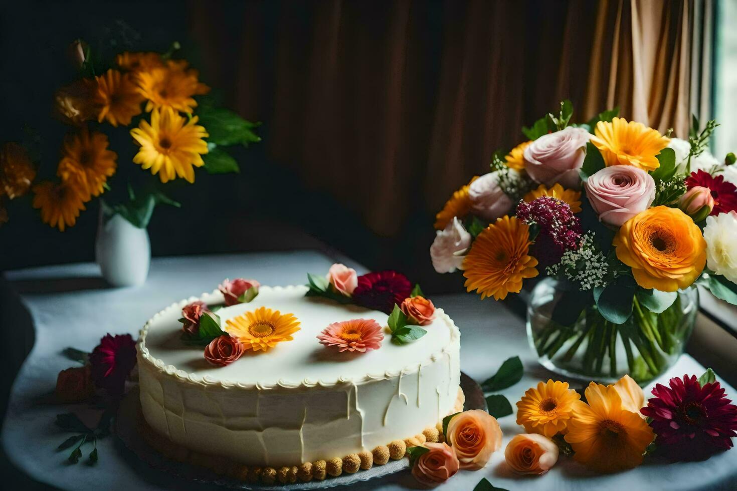 uma Casamento bolo com flores em uma mesa. gerado por IA foto