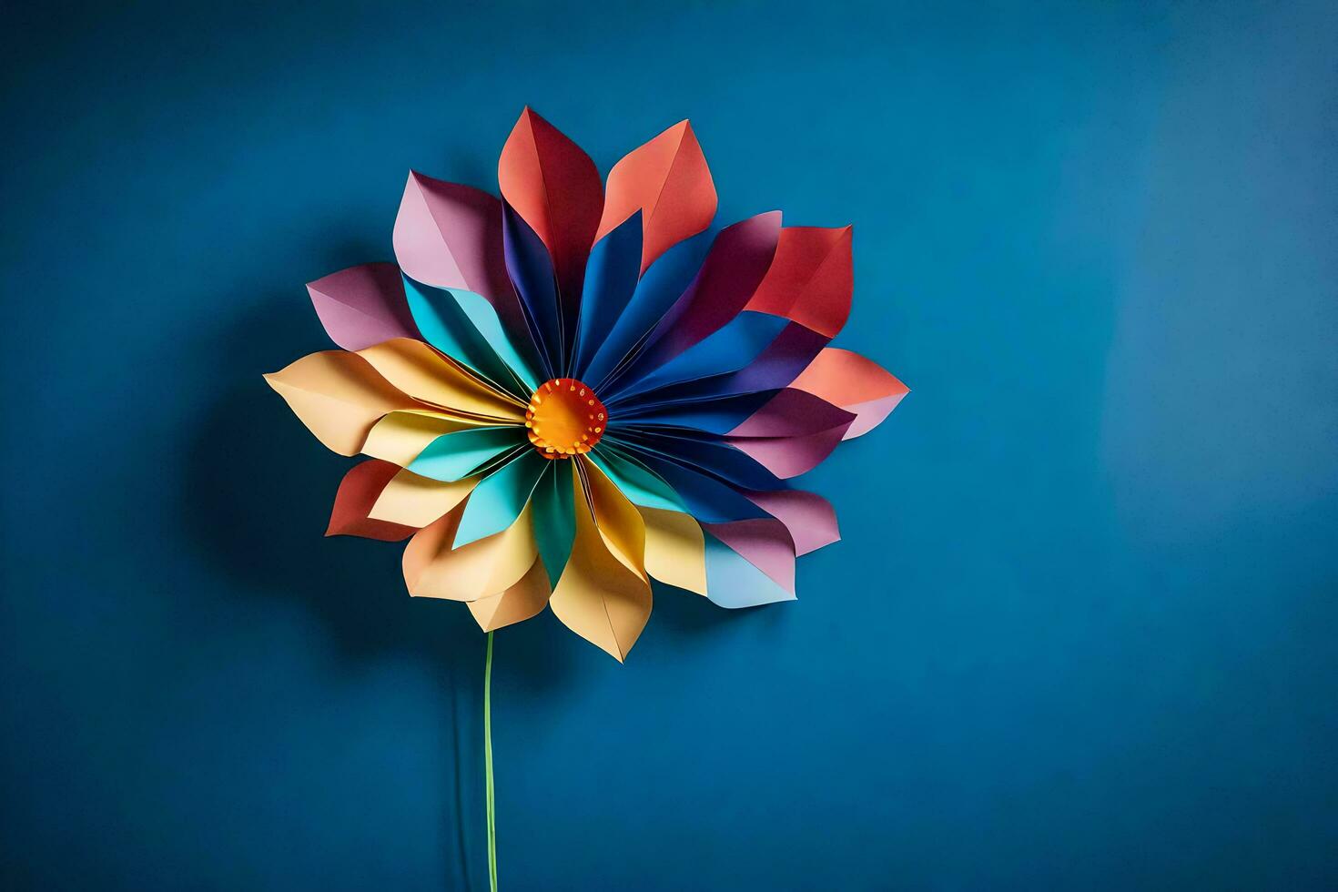 uma colorida flor fez Fora do papel em uma azul muro. gerado por IA foto