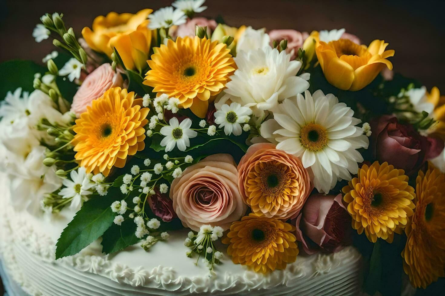 uma fechar acima do uma branco bolo com amarelo e branco flores gerado por IA foto