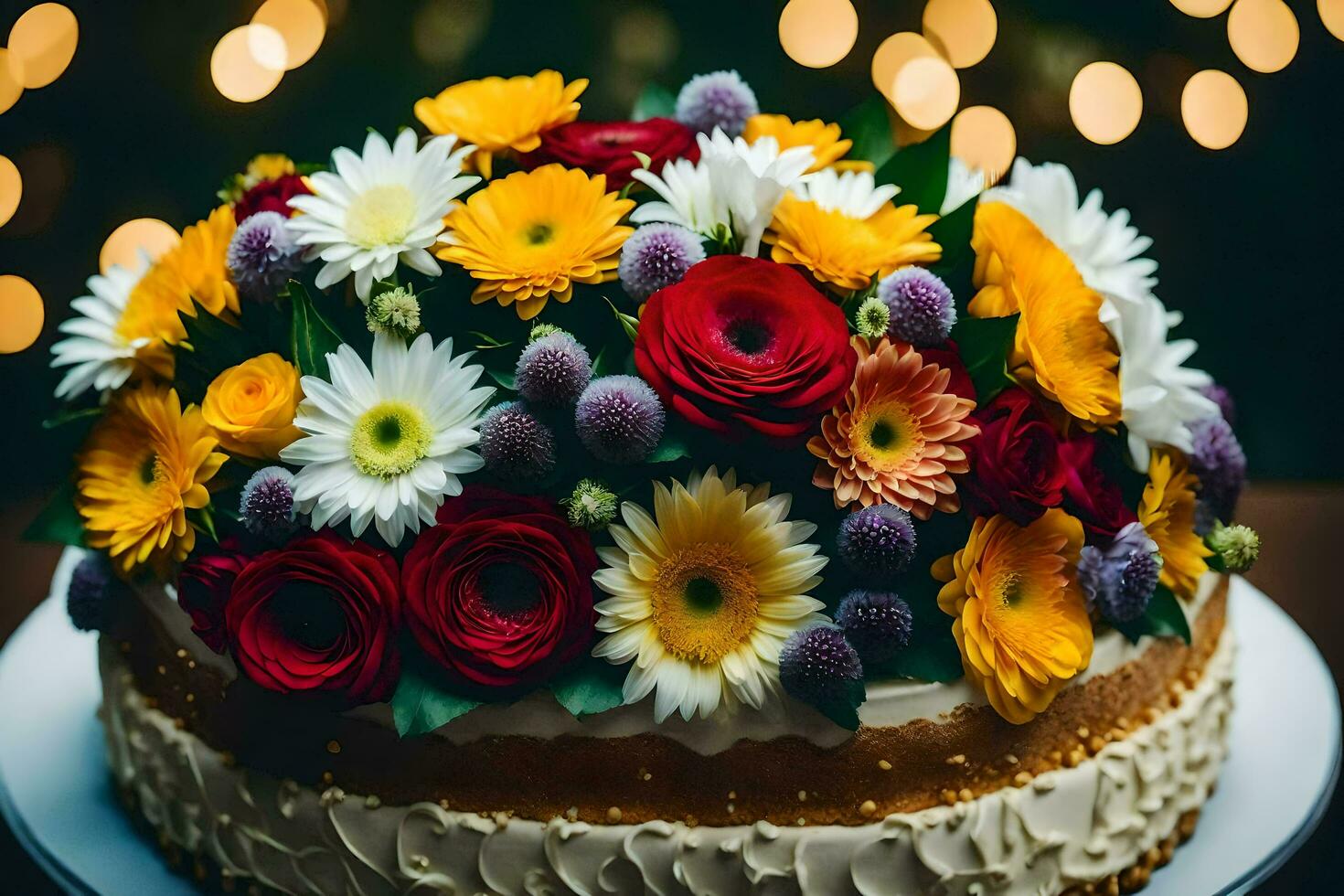 uma bolo com colorida flores em topo. gerado por IA foto