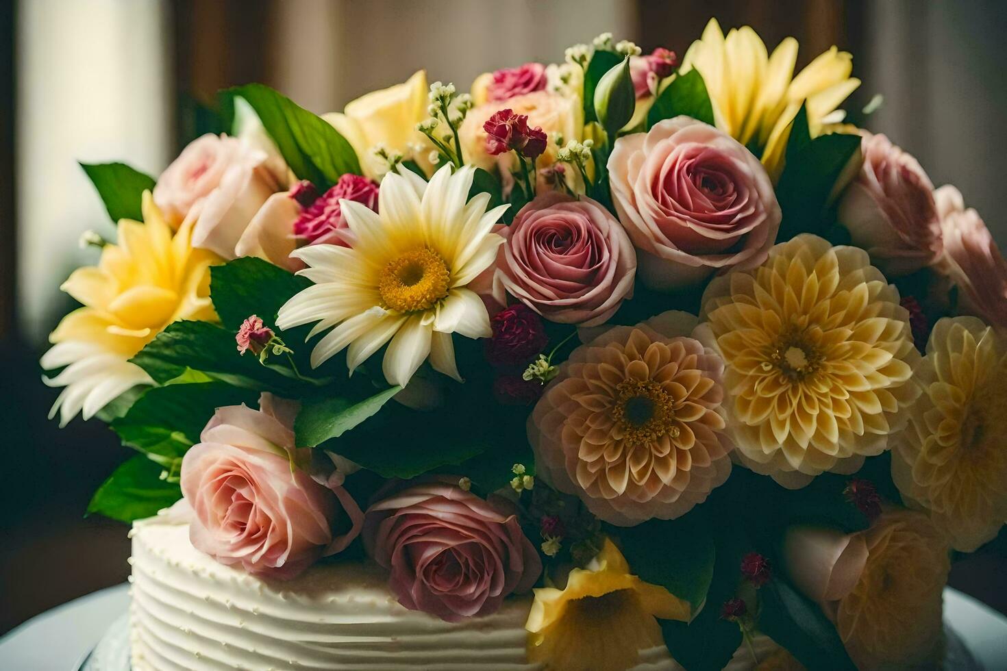 uma Casamento bolo com flores em topo. gerado por IA foto