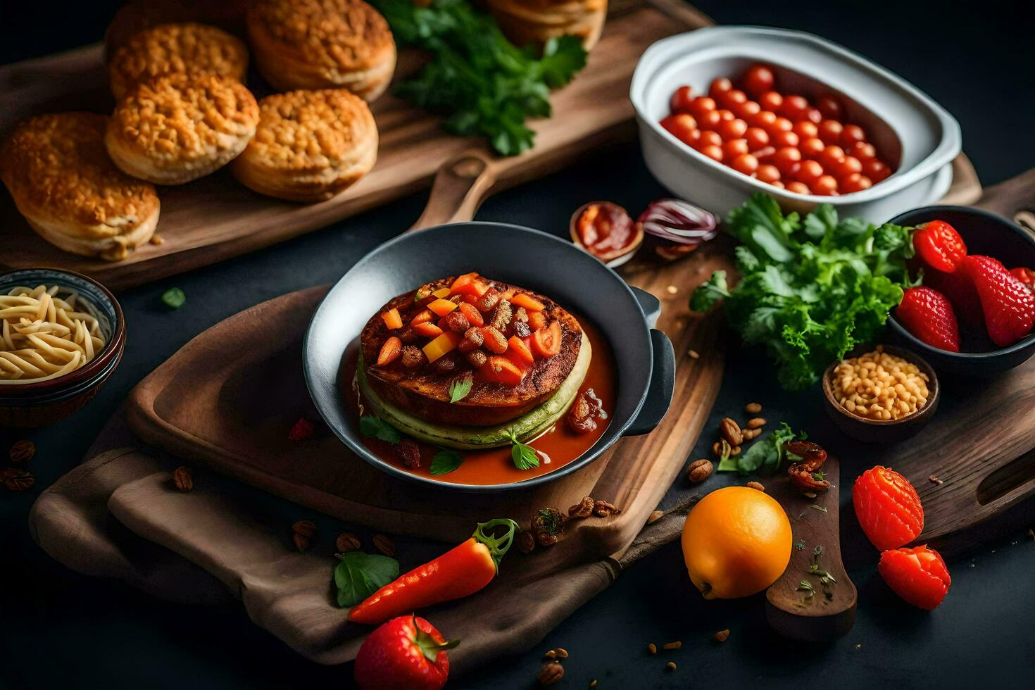 uma variedade do Comida em uma de madeira corte borda. gerado por IA foto