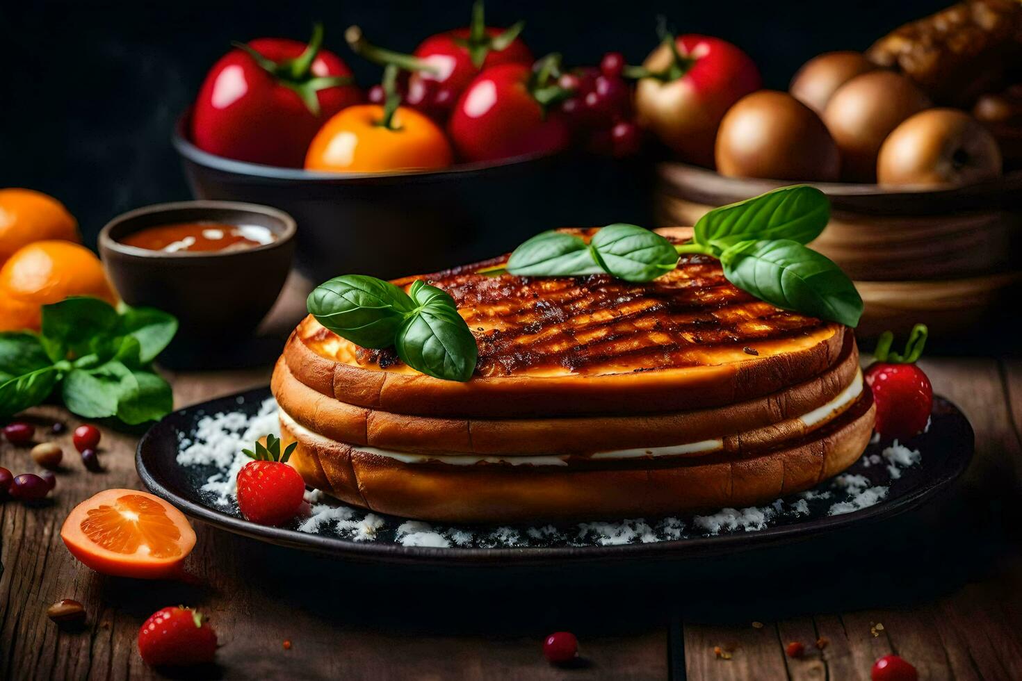 grelhado queijo sanduíche em uma prato com tomates, manjericão e de outros ingredientes. gerado por IA foto