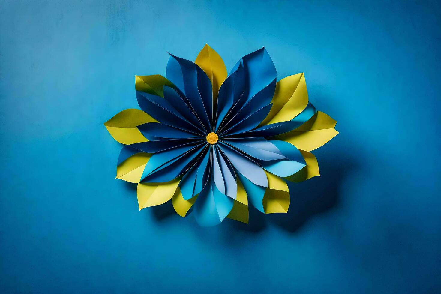 uma azul e amarelo papel flor em uma azul muro. gerado por IA foto