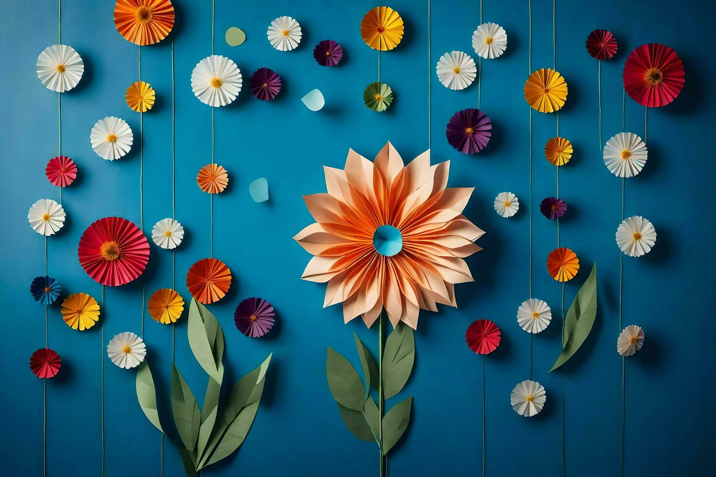 uma colorida flor parede com papel flores gerado por IA foto