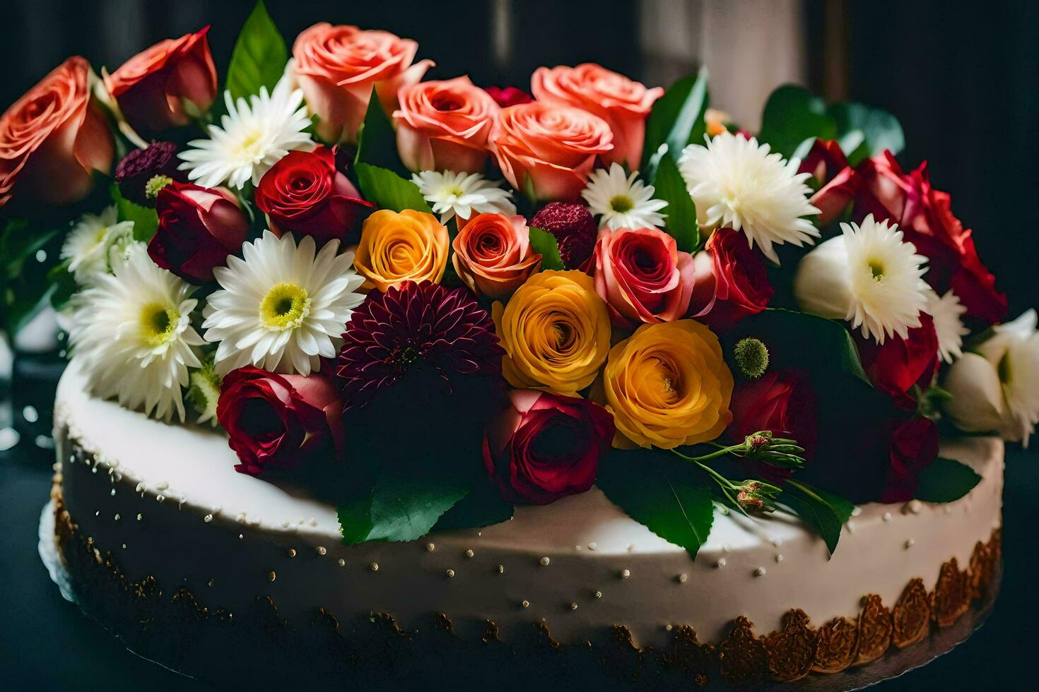 uma bolo com colorida flores em topo. gerado por IA foto
