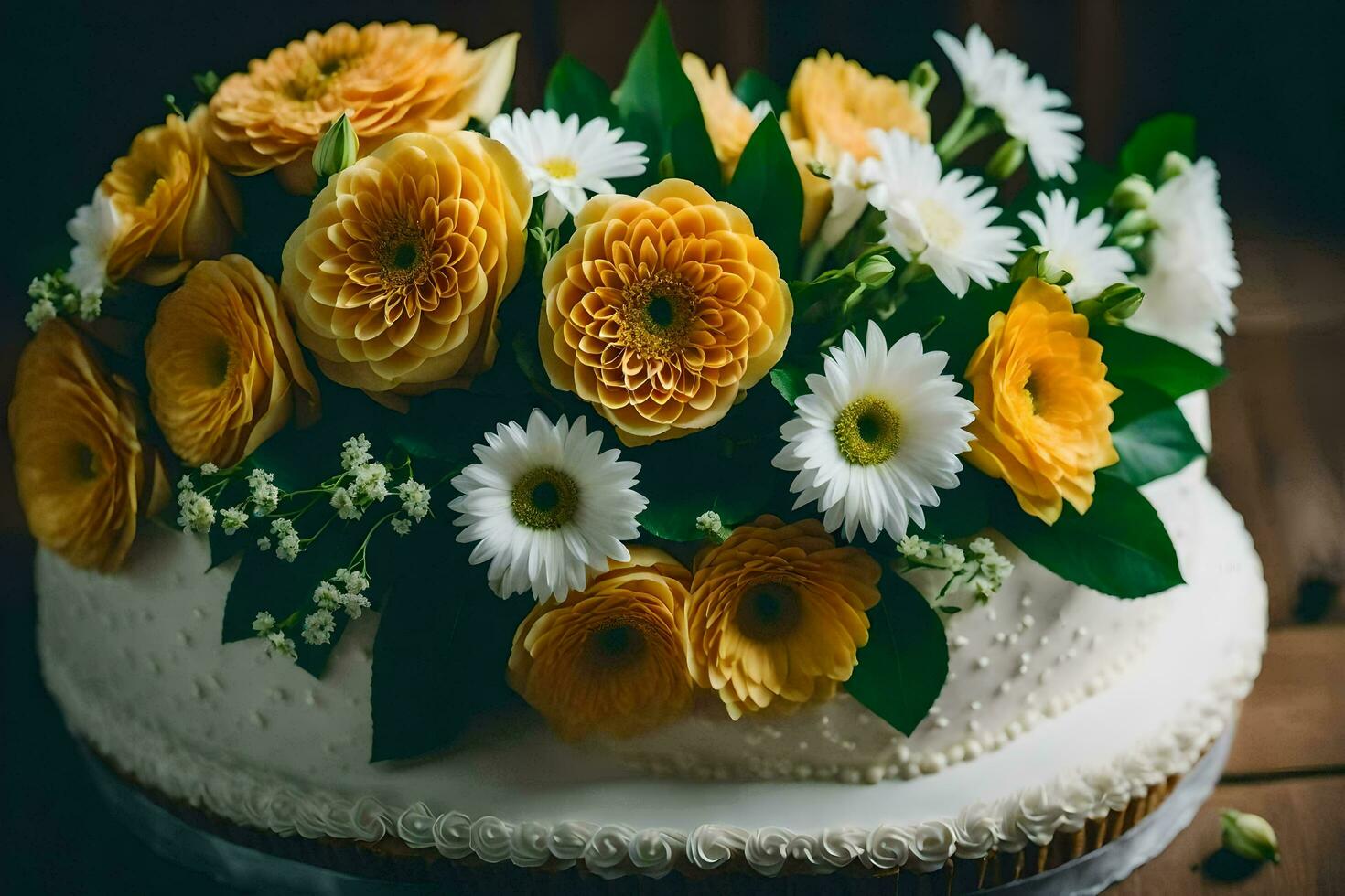 uma bolo com amarelo flores em topo. gerado por IA foto