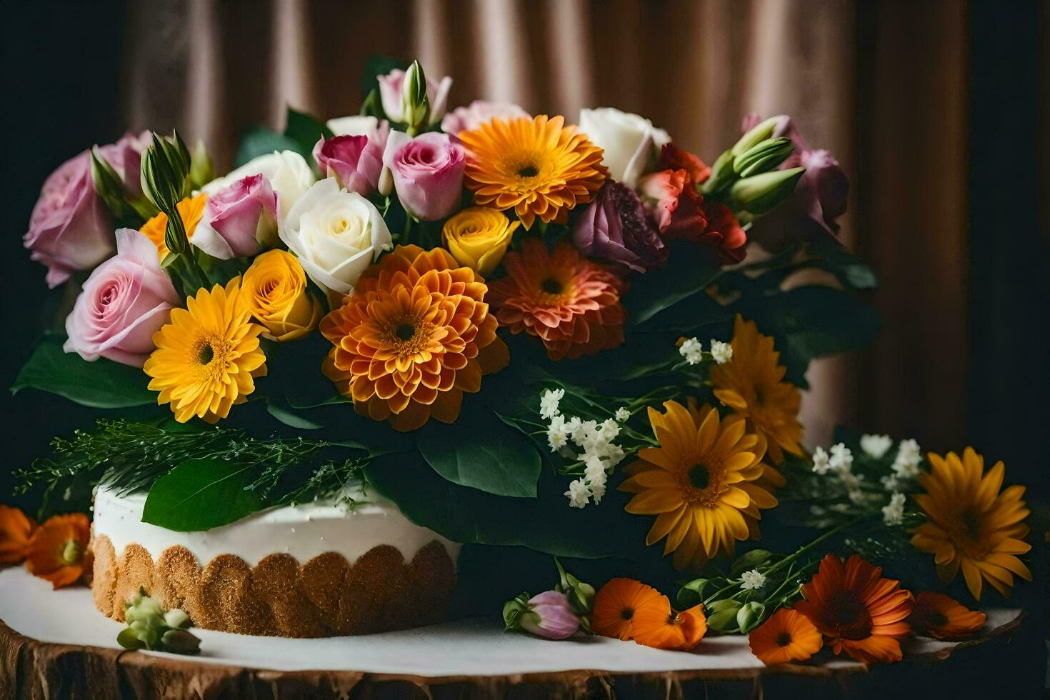 uma bolo com flores em topo do uma mesa. gerado por IA foto