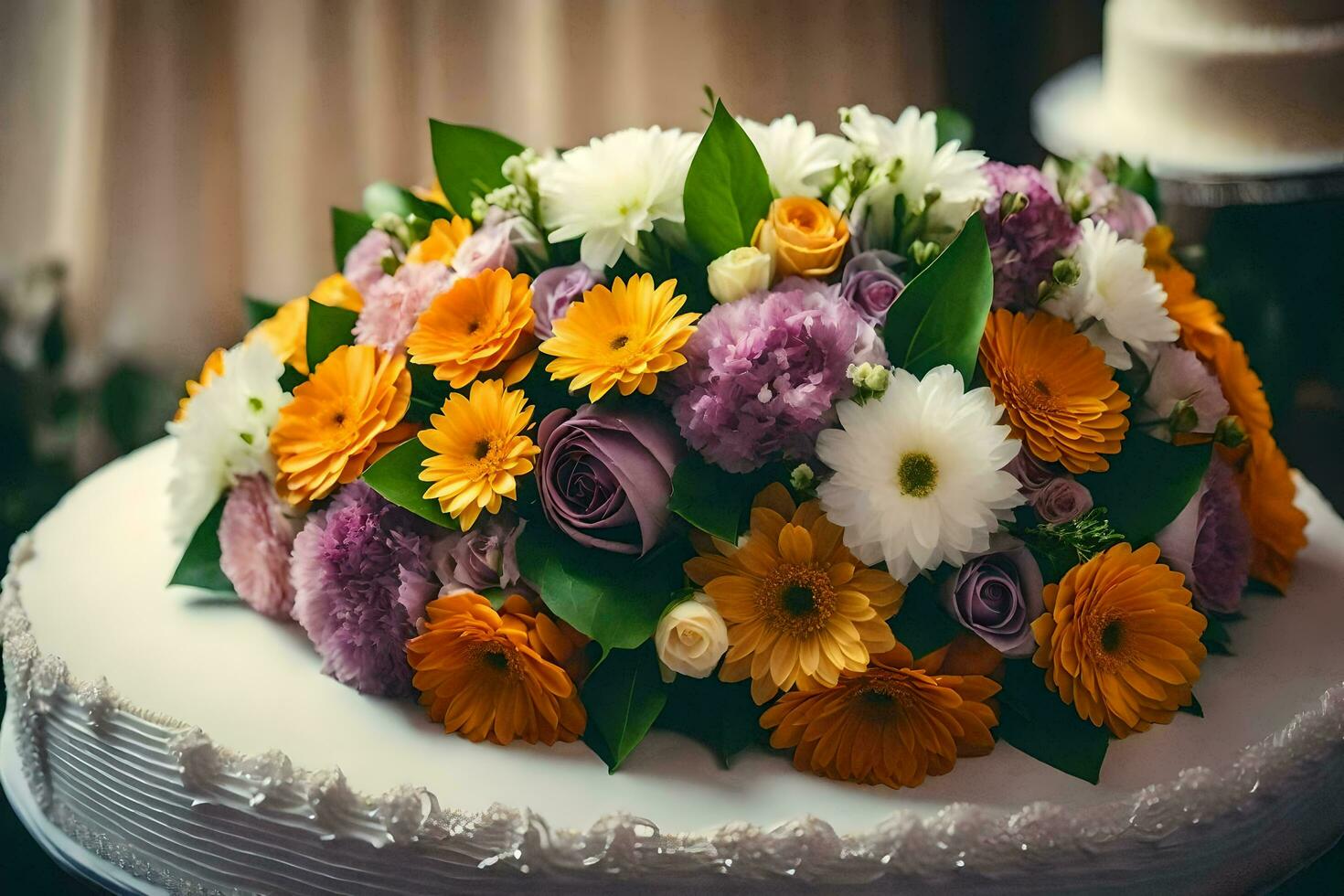 uma Casamento bolo com colorida flores em topo. gerado por IA foto