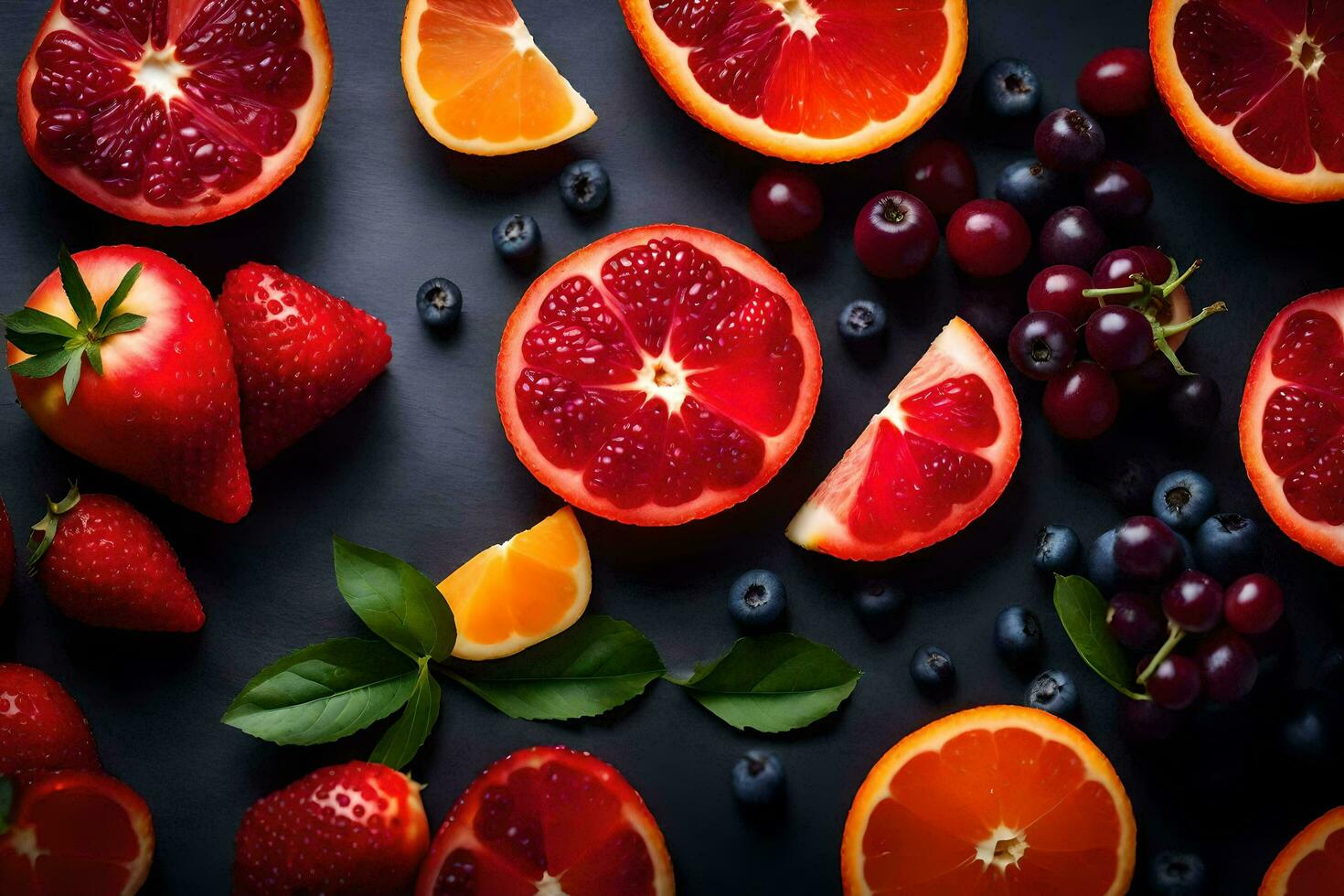 fresco fruta e bagas em uma Sombrio fundo. gerado por IA foto