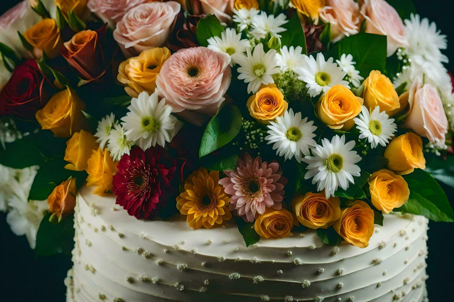 uma fechar acima do uma Casamento bolo com flores gerado por IA foto