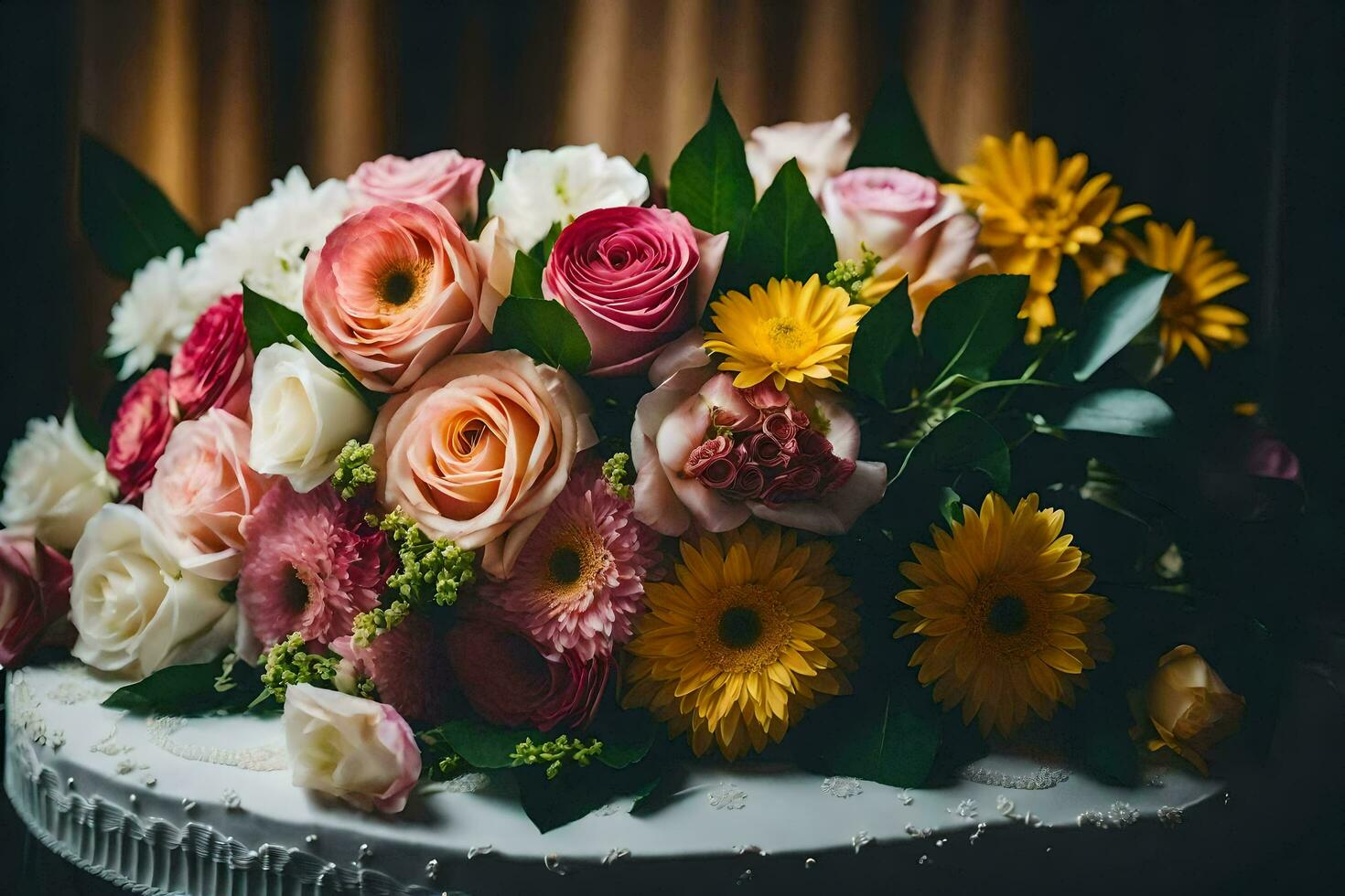 uma ramalhete do flores em uma bolo. gerado por IA foto