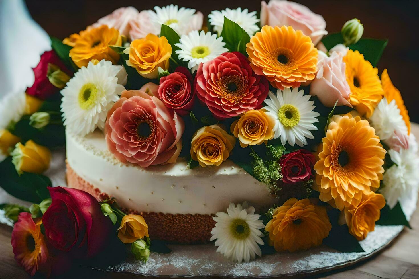 uma bolo com colorida flores em topo. gerado por IA foto