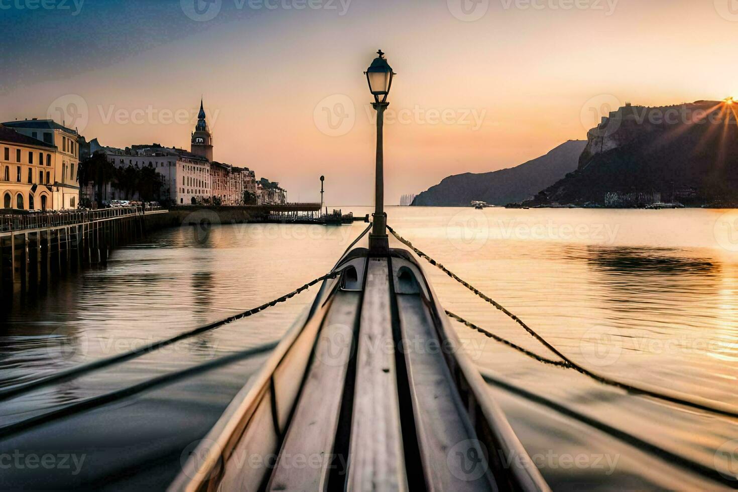 uma barco é ancorado às pôr do sol dentro a água. gerado por IA foto