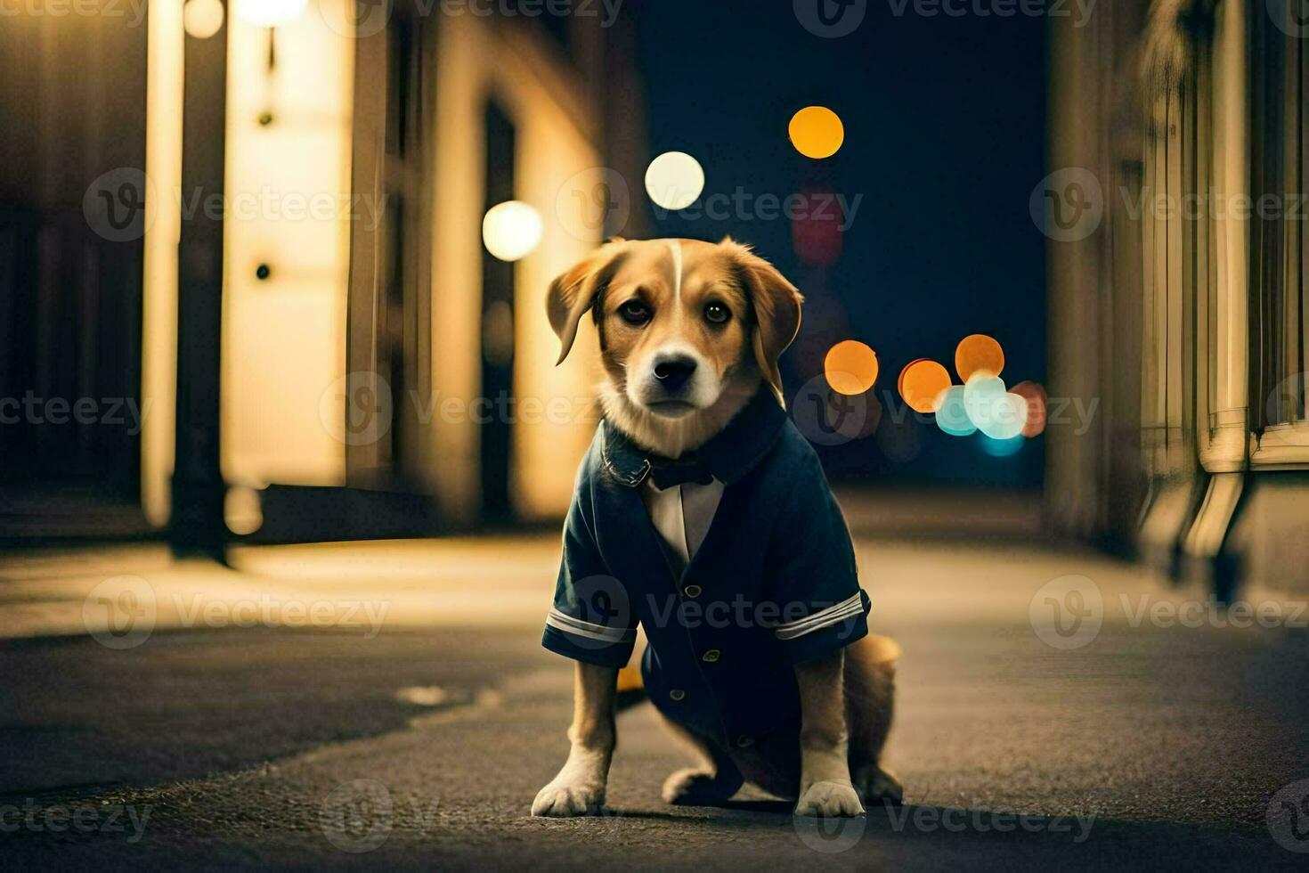 uma cachorro vestindo uma terno e gravata em a rua. gerado por IA foto