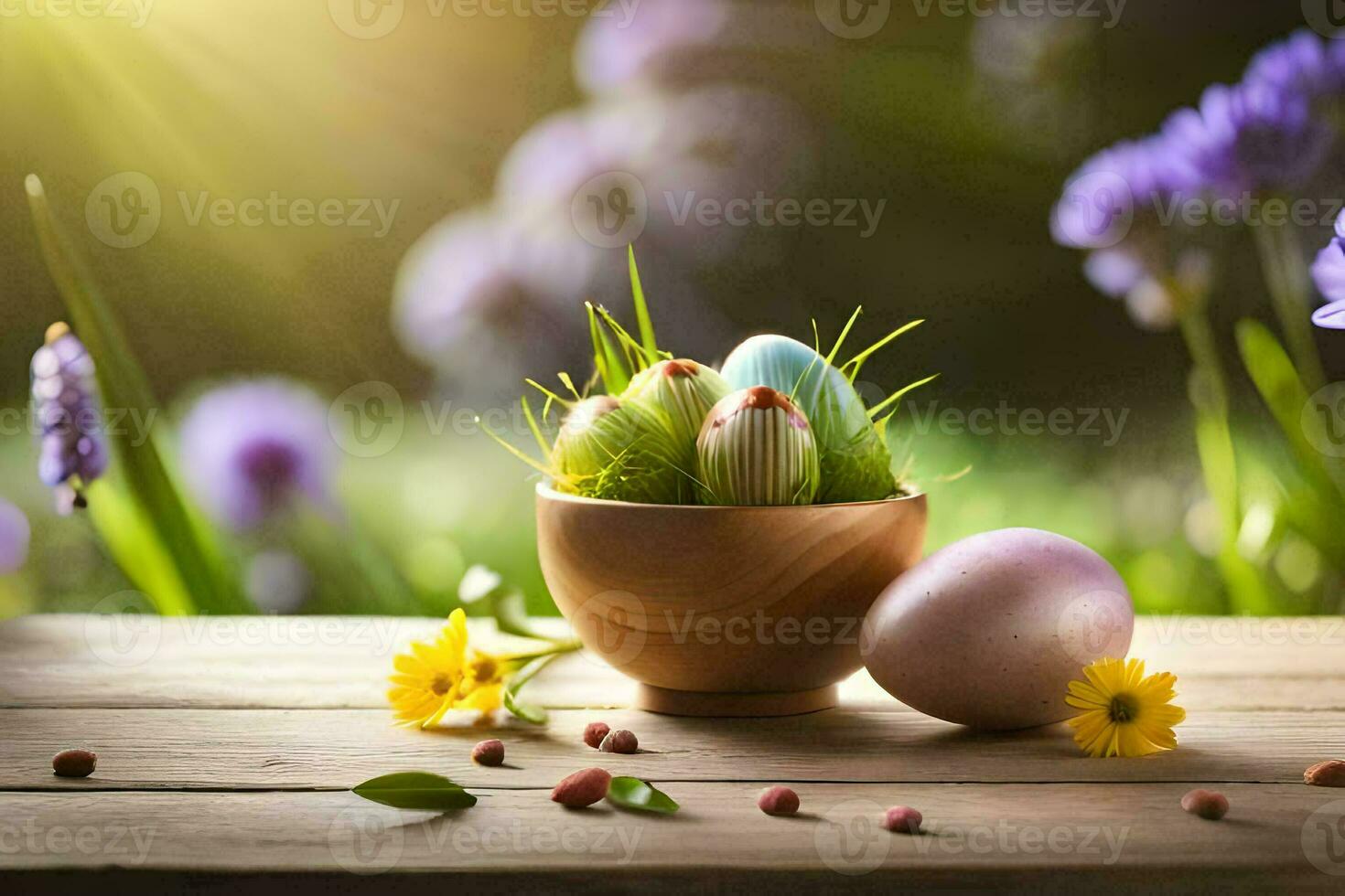 Páscoa ovos dentro uma de madeira tigela em uma mesa com flores gerado por IA foto