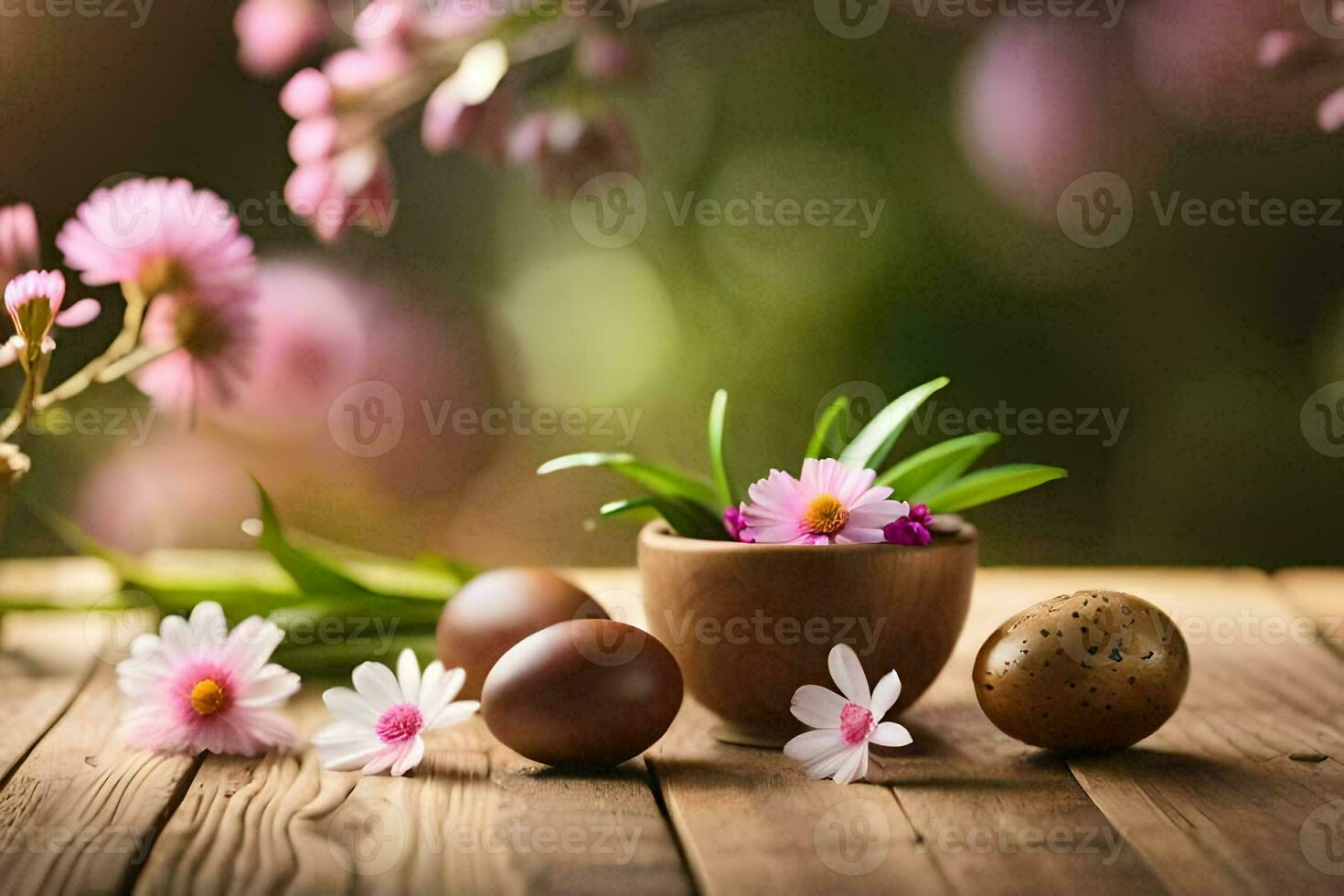 Páscoa ovos e flores em uma de madeira mesa. gerado por IA foto