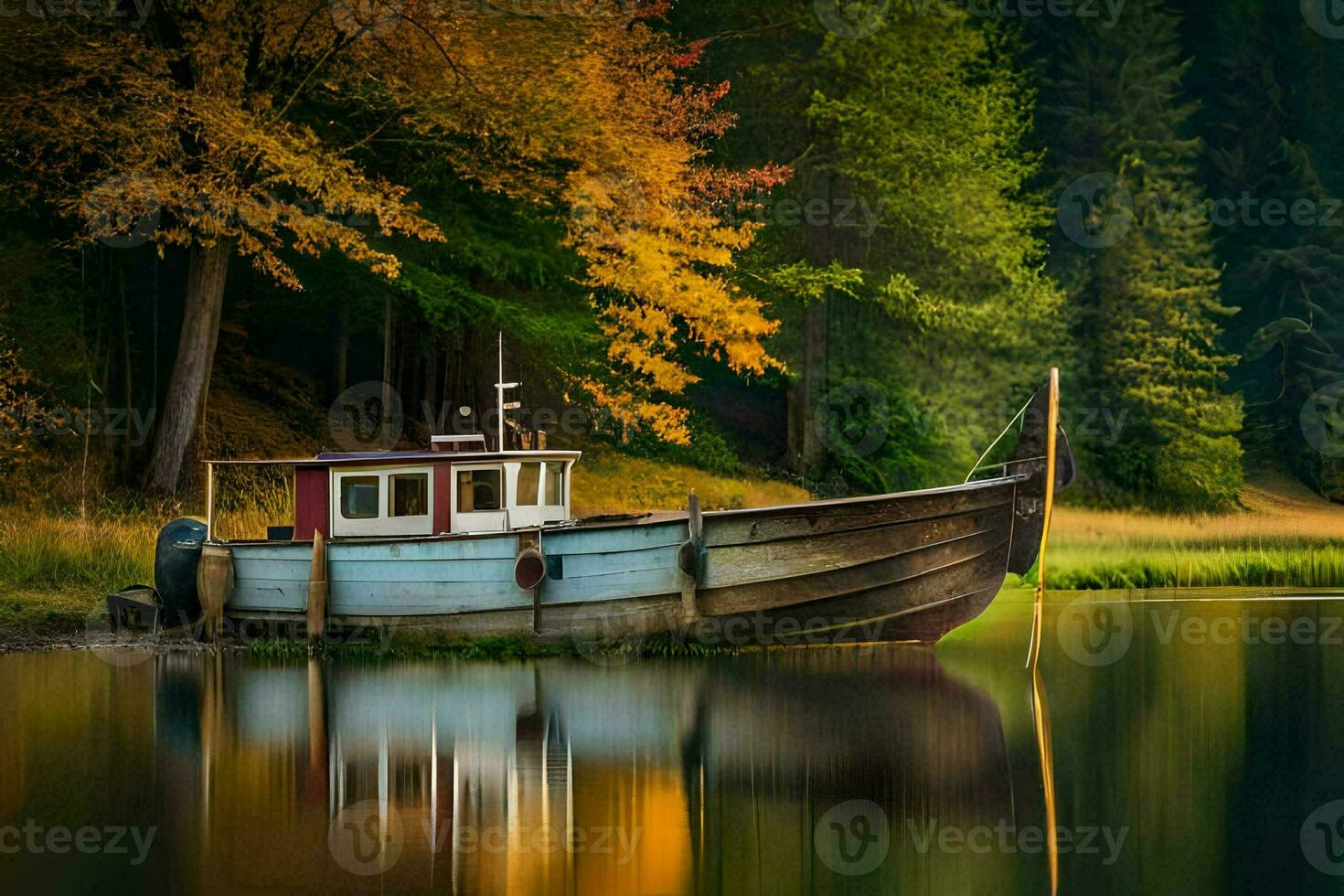 uma barco senta em a costa do uma lago. gerado por IA foto