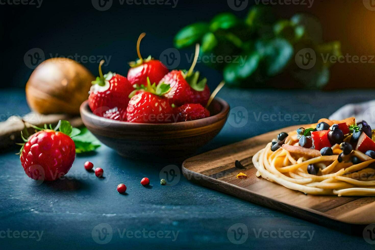 espaguete com tomates e manjericão em uma de madeira borda. gerado por IA foto