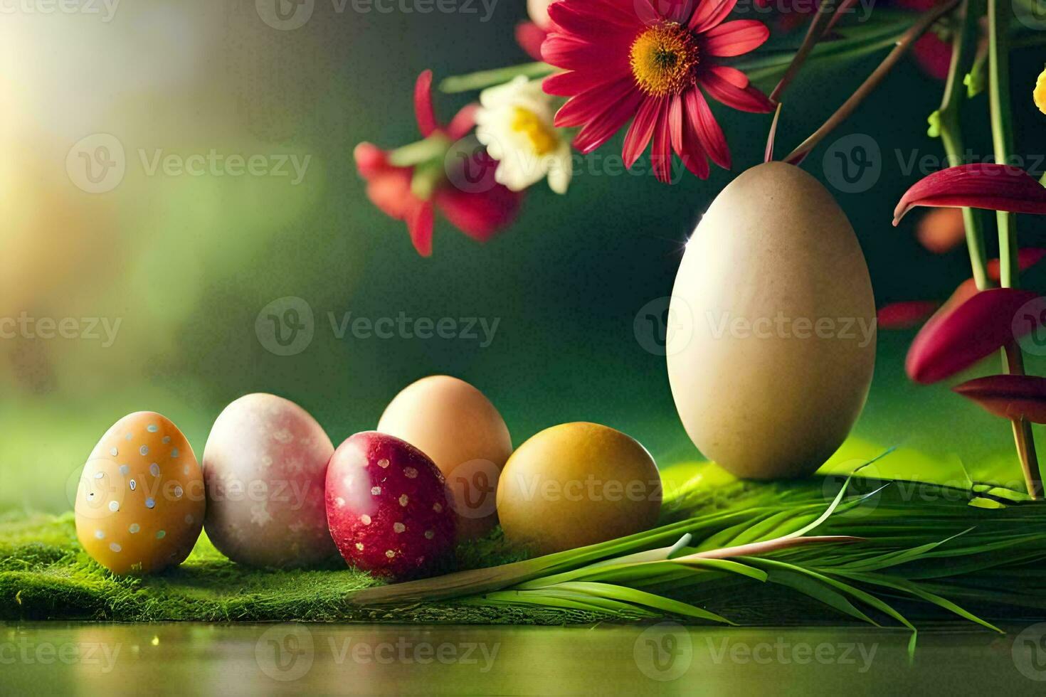 Páscoa ovos e flores em uma verde grama. gerado por IA foto