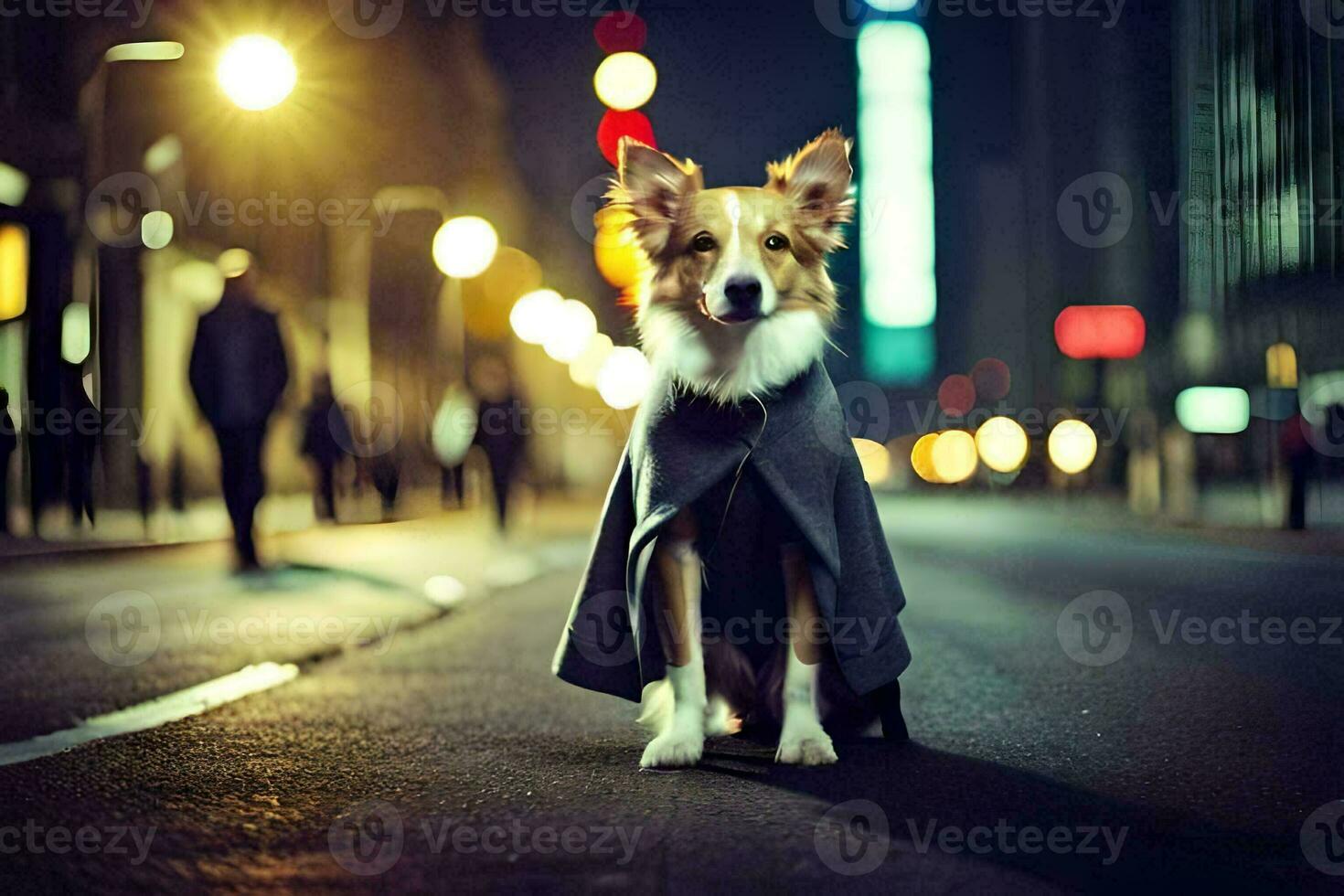 uma cachorro vestindo uma capa em a rua às noite. gerado por IA foto