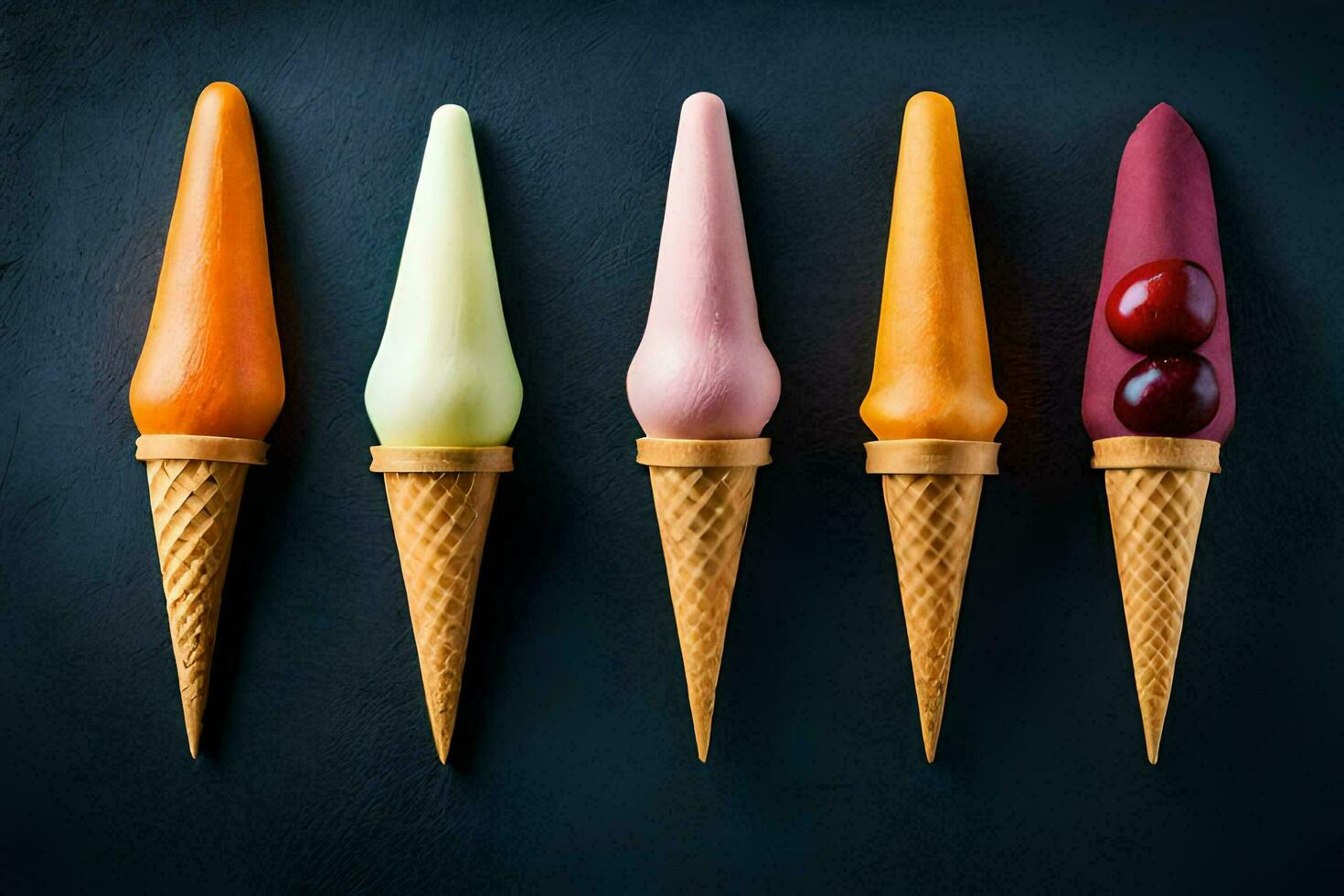 cinco gelo creme cones com diferente colori coberturas. gerado por IA foto