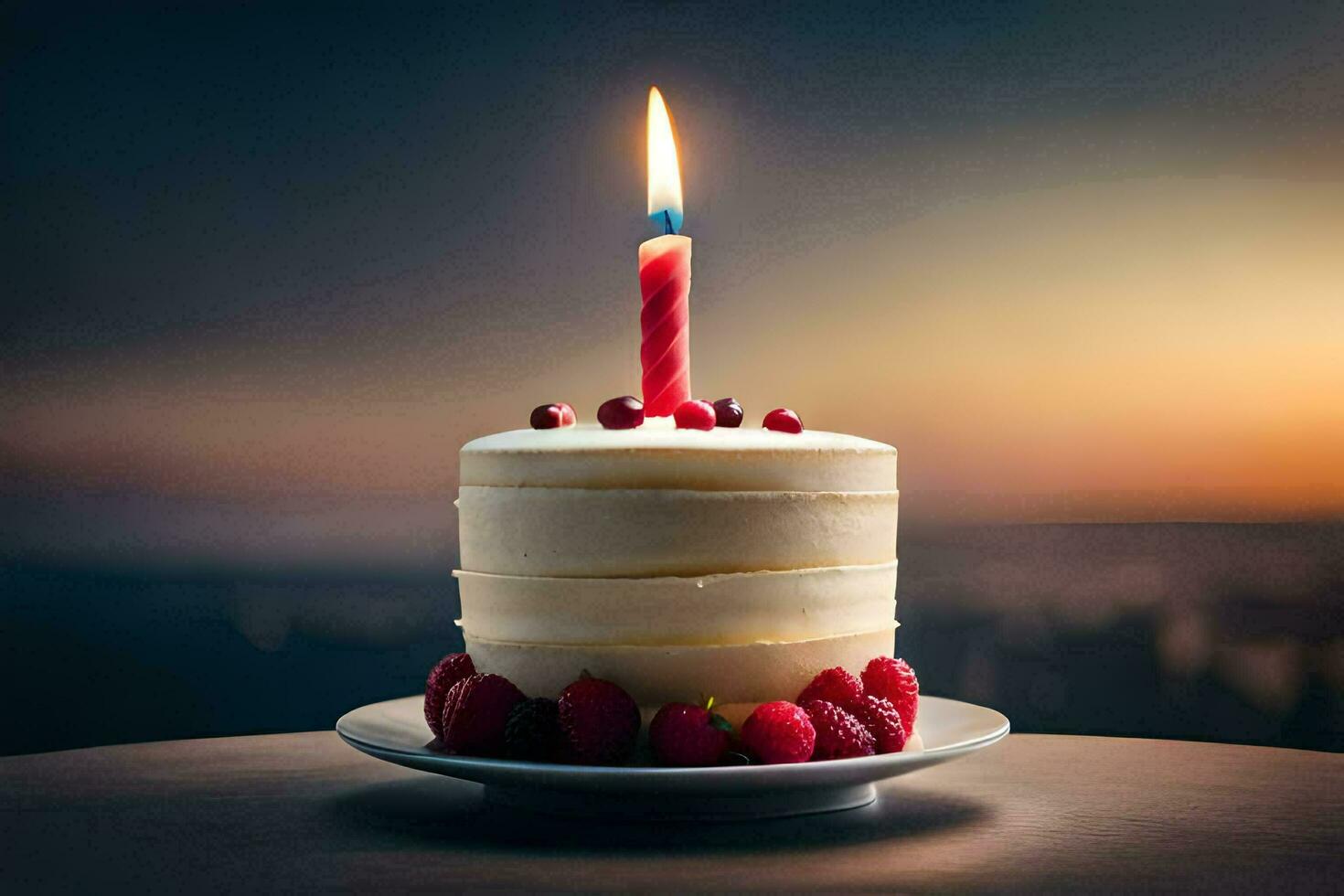 uma branco bolo com uma solteiro vela em topo. gerado por IA foto