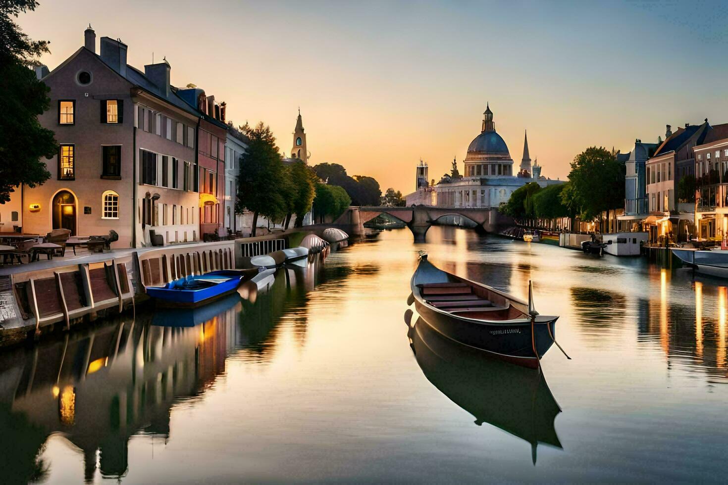 uma barco é ancorado dentro uma canal às pôr do sol. gerado por IA foto