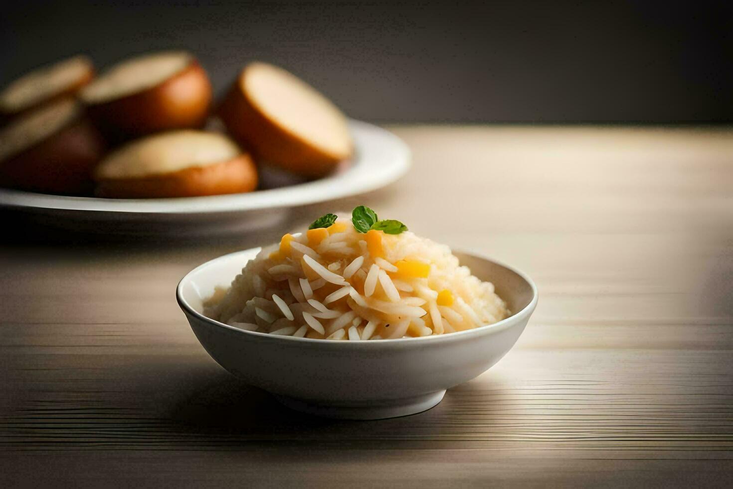 uma tigela do arroz com uma colher e uma prato do pão. gerado por IA foto