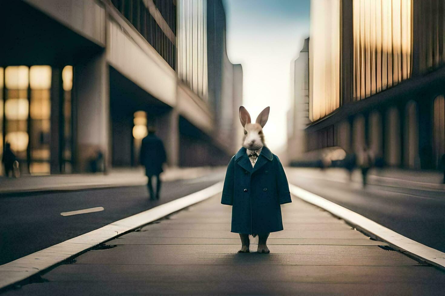 uma Coelho dentro uma casaco em pé dentro a meio do uma cidade rua. gerado por IA foto