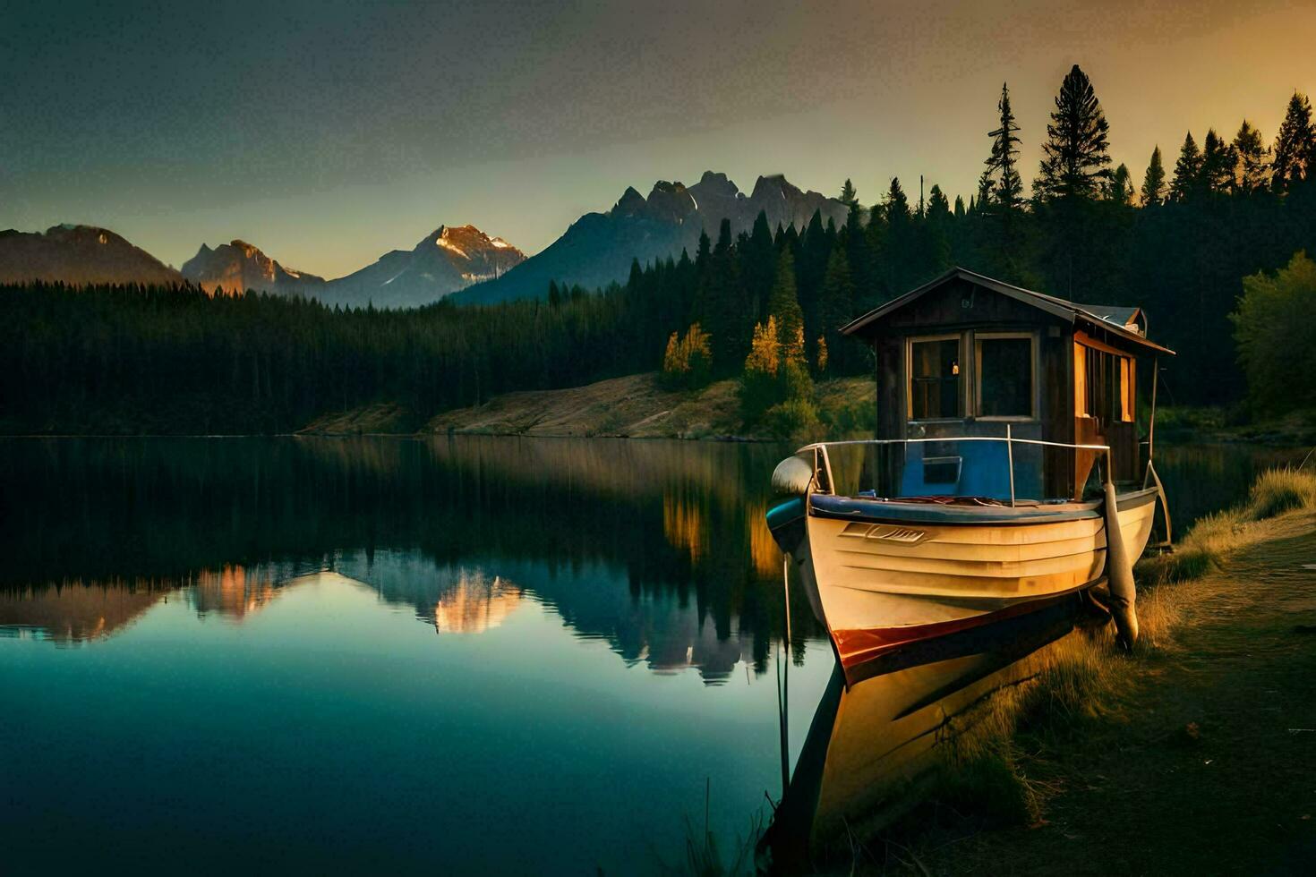 uma barco senta em a costa do uma lago às pôr do sol. gerado por IA foto