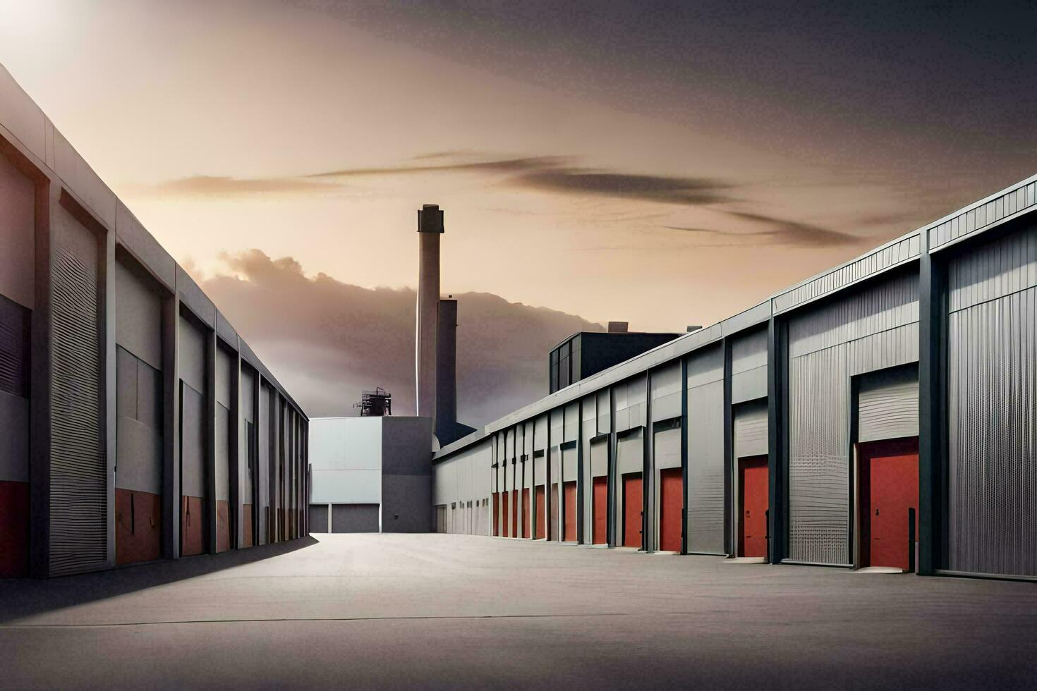 uma grandes linha do industrial edifícios com vermelho portas gerado por IA foto