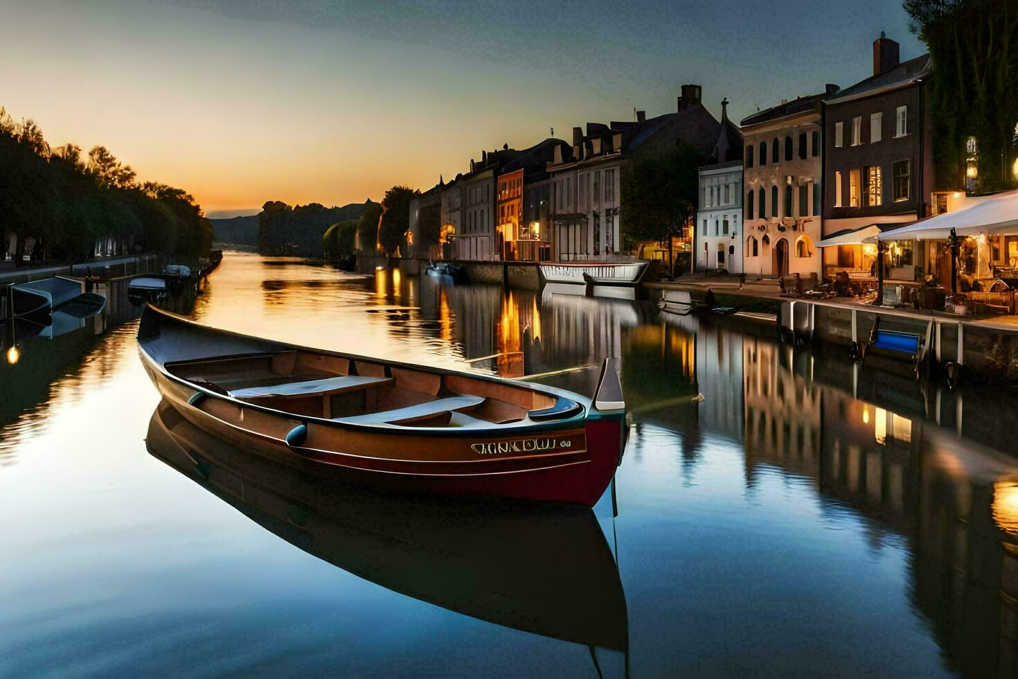 uma barco senta em a água às pôr do sol. gerado por IA foto