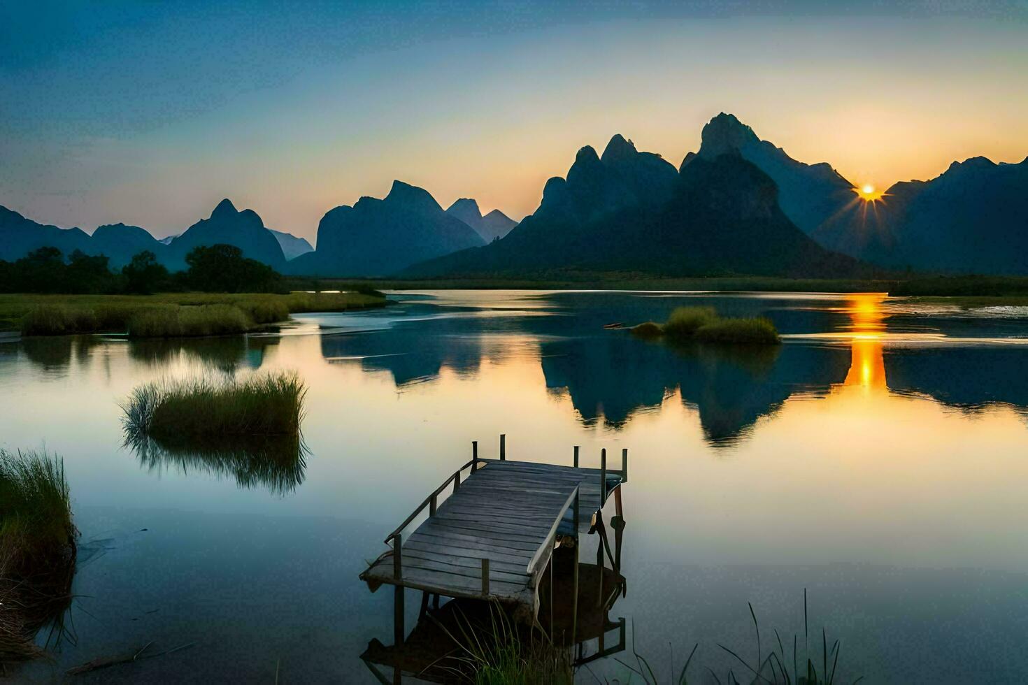 a Sol sobe sobre uma lago e montanhas dentro China. gerado por IA foto