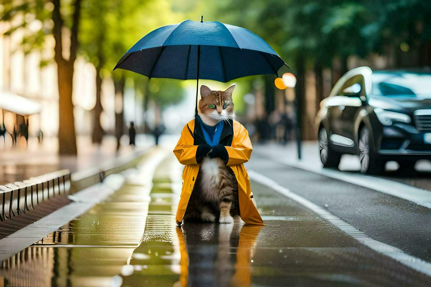 uma gato dentro uma capa de chuva e guarda-chuva em pé em uma rua. gerado por IA foto