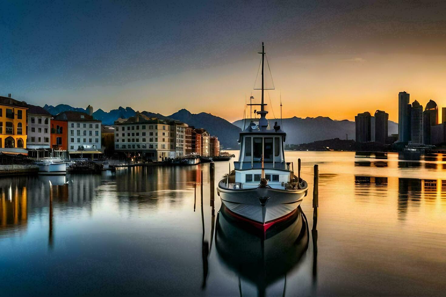 uma barco ancorado dentro a água às pôr do sol. gerado por IA foto