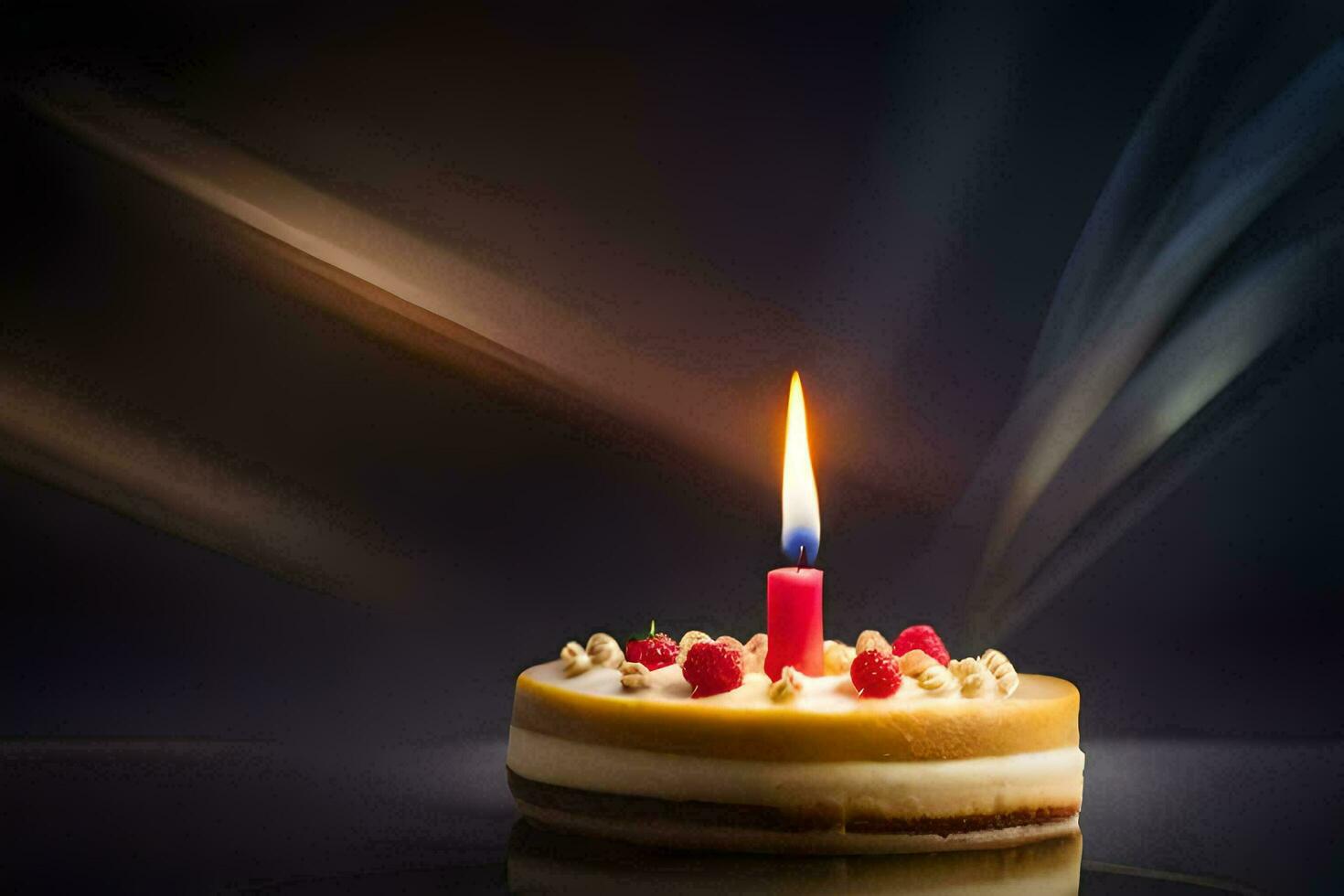uma solteiro vela é aceso em uma bolo. gerado por IA foto