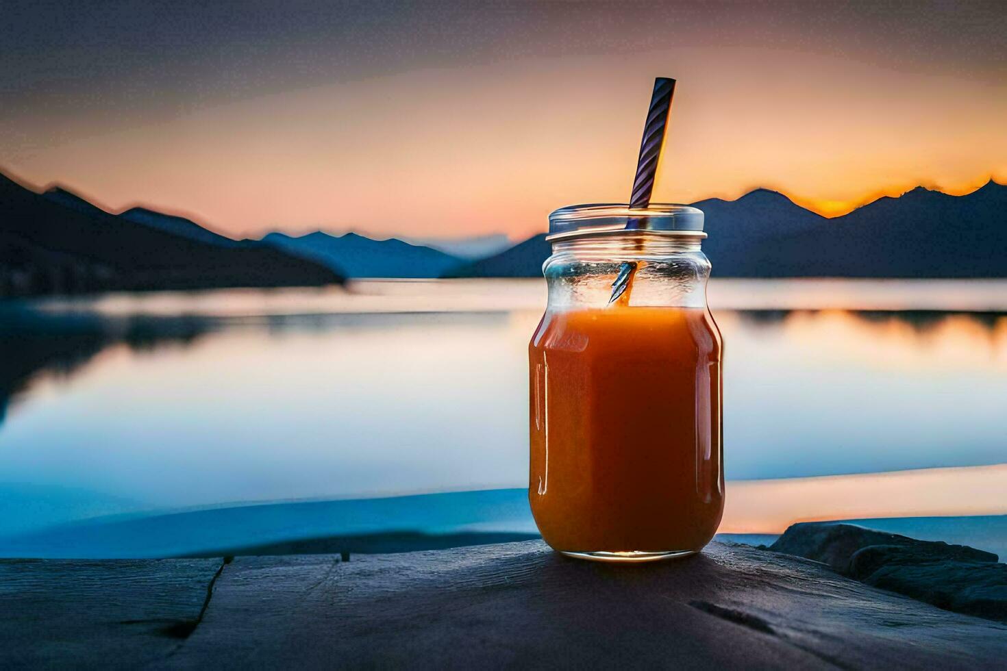 uma vidro do laranja suco em uma de madeira mesa com uma montanha dentro a fundo. gerado por IA foto