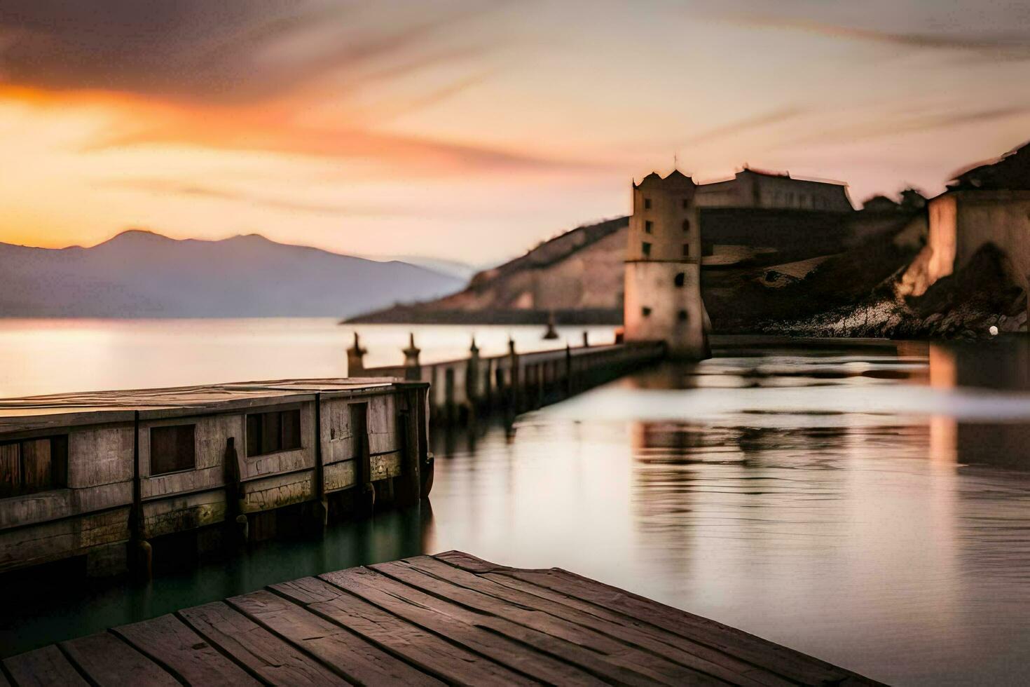 uma de madeira doca e uma farol às pôr do sol. gerado por IA foto