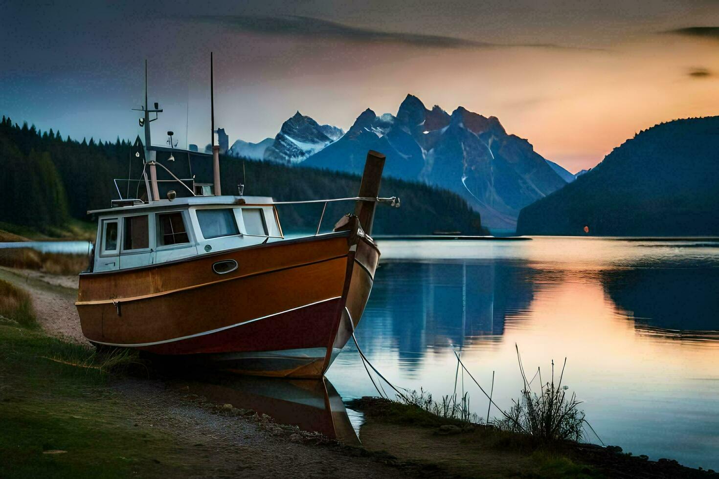 uma barco senta em a costa do uma lago às pôr do sol. gerado por IA foto