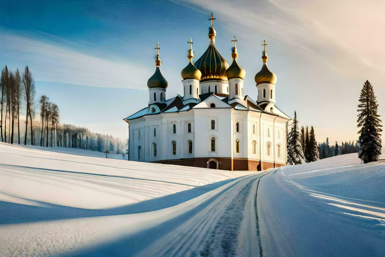 uma Igreja dentro a neve com dourado cúpulas. gerado por IA foto