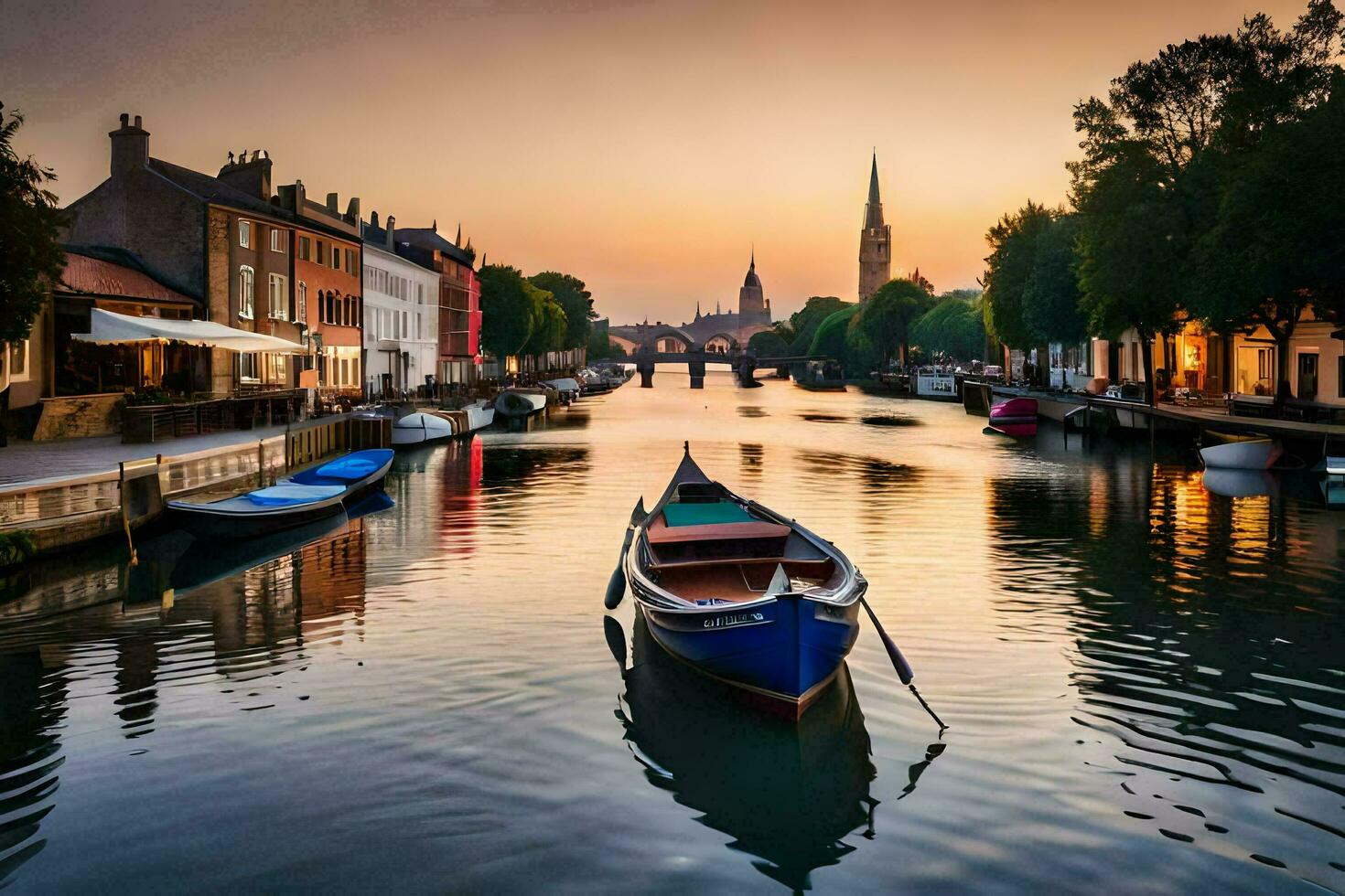 uma barco é ancorado dentro uma canal às pôr do sol. gerado por IA foto