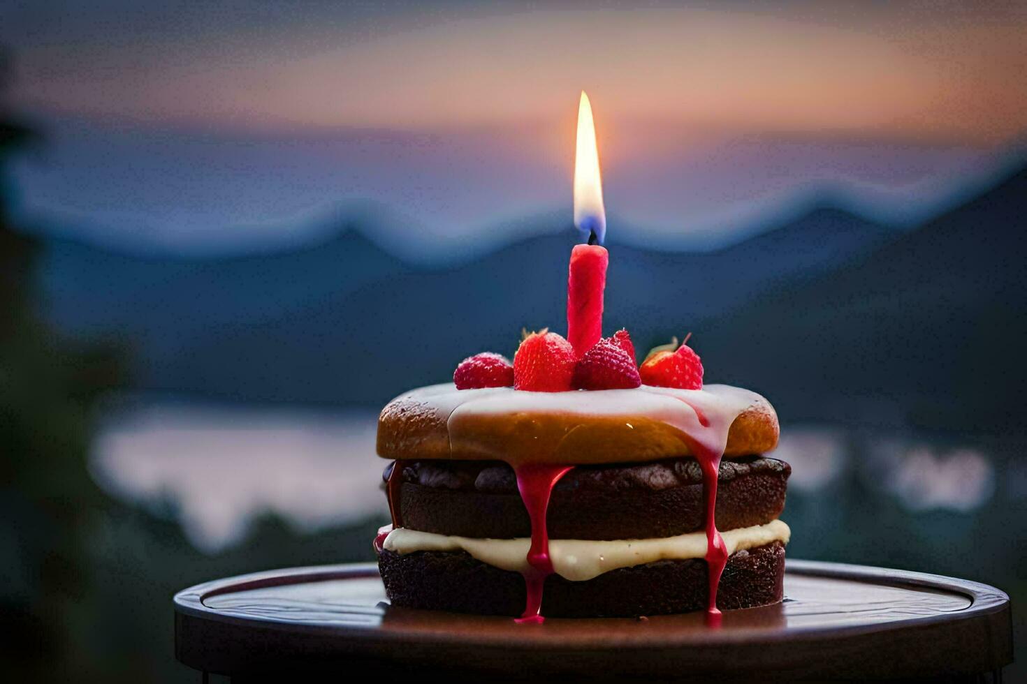 uma aniversário bolo com uma vela em topo. gerado por IA foto