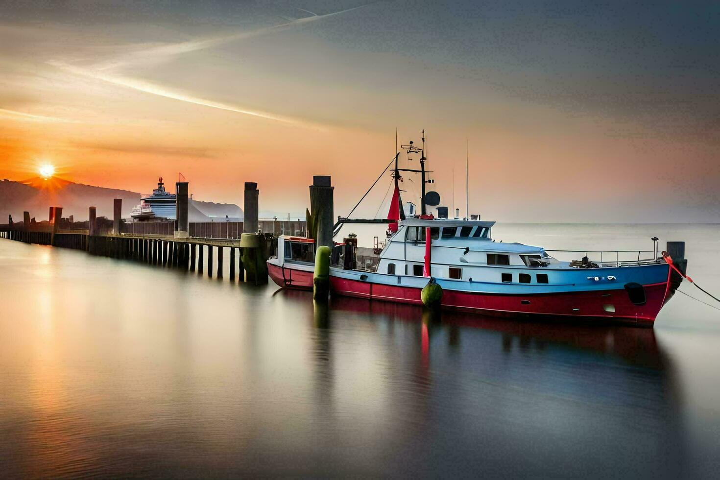 uma vermelho barco ancorado às a cais às pôr do sol. gerado por IA foto