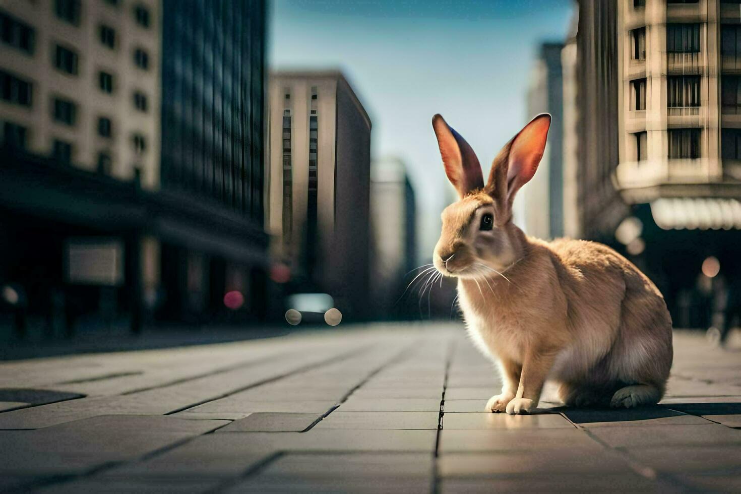 uma Coelho é sentado em a terra dentro uma cidade. gerado por IA foto