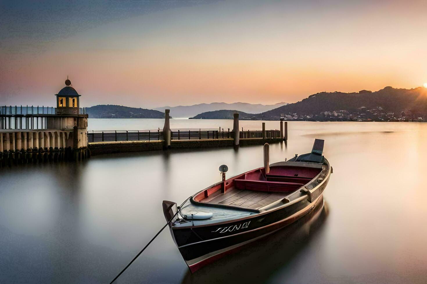 uma barco senta em a água às pôr do sol. gerado por IA foto