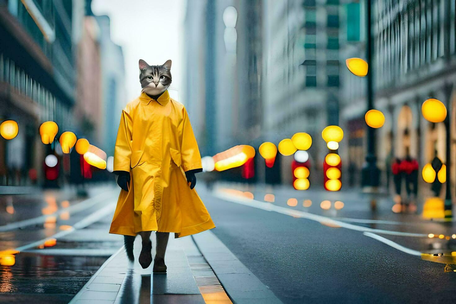 uma gato dentro uma amarelo capa de chuva caminhando baixa uma rua. gerado por IA foto